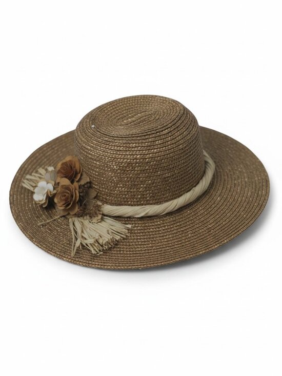 Unbranded Accessories - Vintage Straw Hat Wide Brim Floral Raffia Garden Party Derby Women 22 Inch